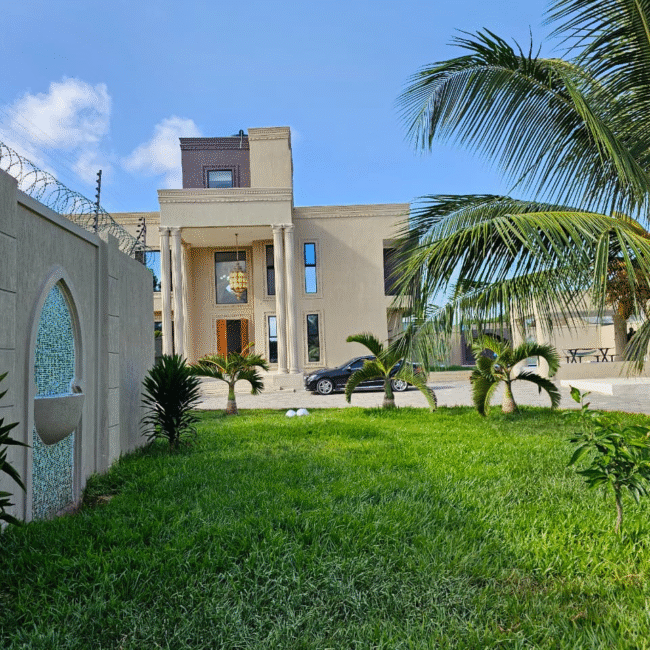 A two-story modern luxury mansion featuring a grand portico with tall columns, a neutral beige exterior, and large blue-tinted windows. The property is secured by a high wall and features a pristine green lawn with small palm trees, reflecting a high-end residential project by Fine Urban.